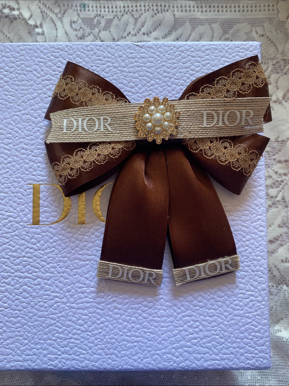 Handmade Dior Brown and Beige Ribbon Bow Brooch with Pearl Medallion